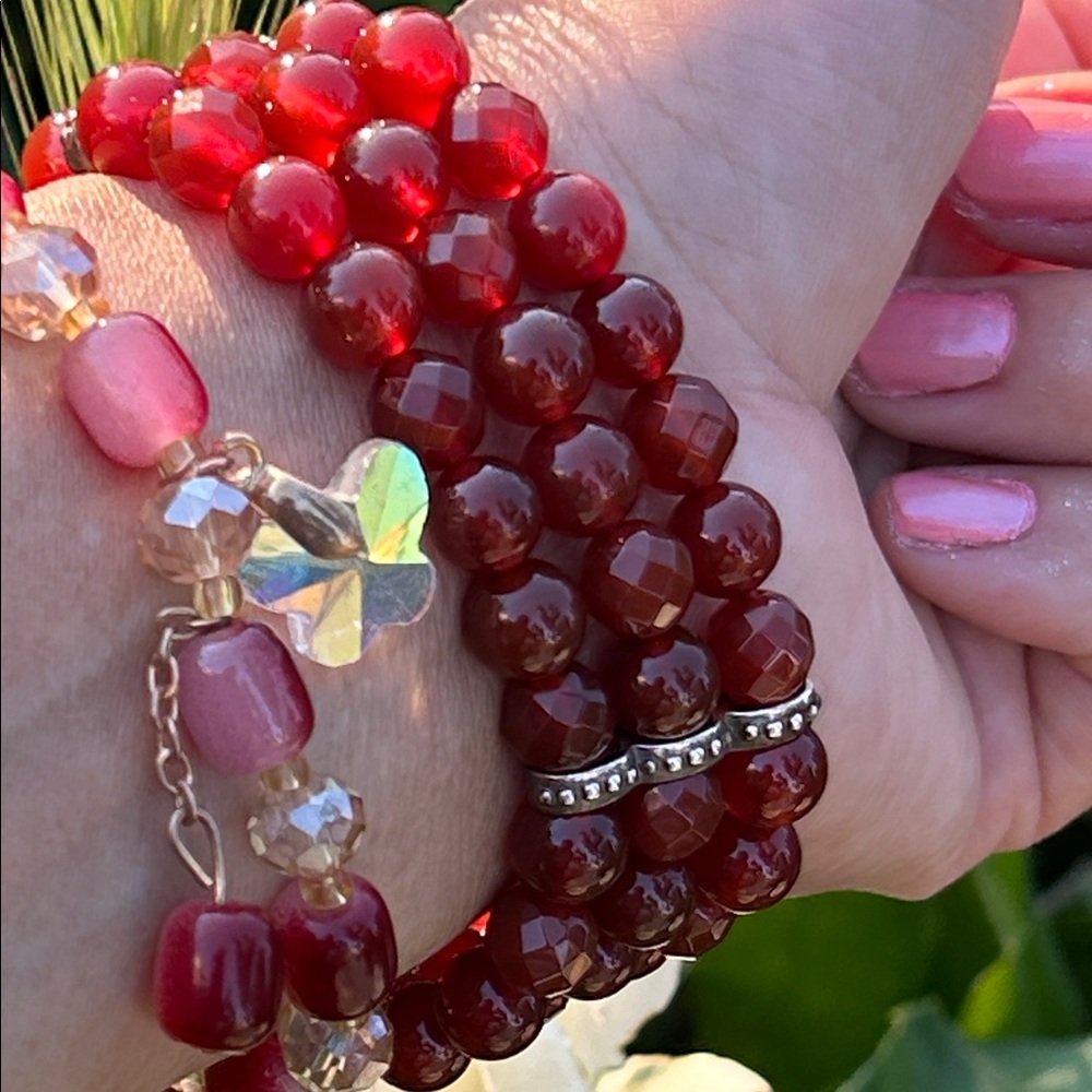 Sterling Silver Faceted Round Shape Carnelian Beaded Three Strands Bracelet